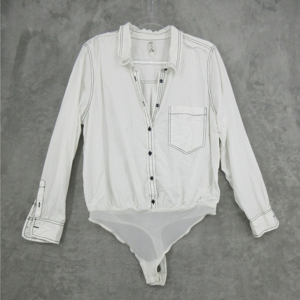 Free People Bodysuit Womens Size XL White Contrast Stitch Power Move Button